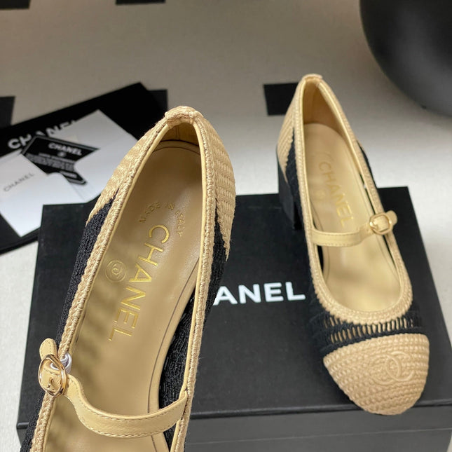 HIGH BALLET MARY JANE 50MM IN NATURAL BEIGE AND BLACK RAFFIA