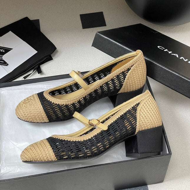 HIGH BALLET MARY JANE 50MM IN NATURAL BEIGE AND BLACK RAFFIA