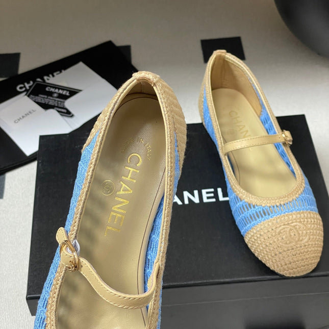 BALLET MARY JANE 10MM IN NATURAL BEIGE AND BLUE RAFFIA
