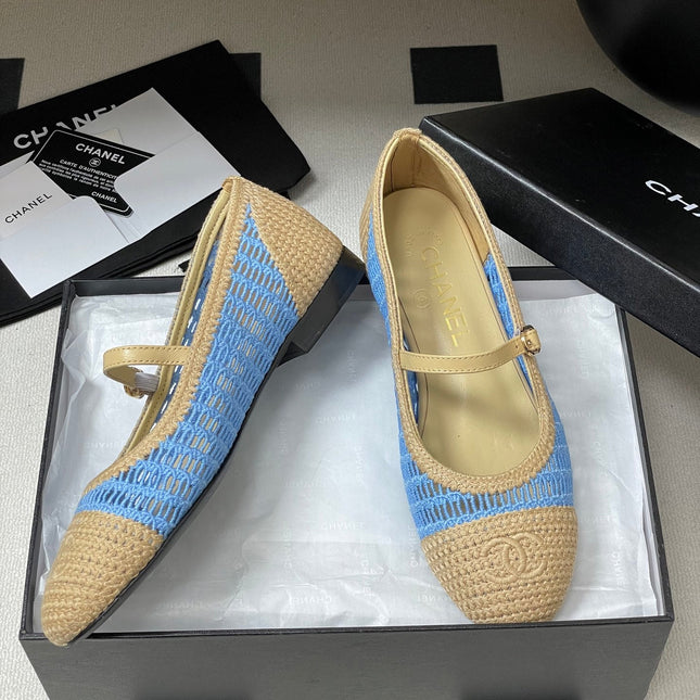 BALLET MARY JANE 10MM IN NATURAL BEIGE AND BLUE RAFFIA