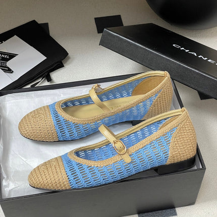 BALLET MARY JANE 10MM IN NATURAL BEIGE AND BLUE RAFFIA