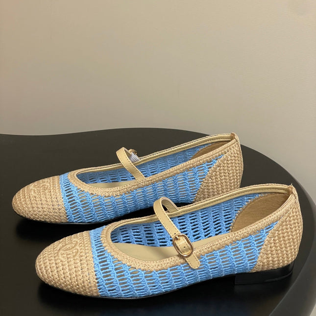 BALLET MARY JANE 10MM IN NATURAL BEIGE AND BLUE RAFFIA
