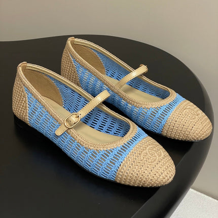 BALLET MARY JANE 10MM IN NATURAL BEIGE AND BLUE RAFFIA
