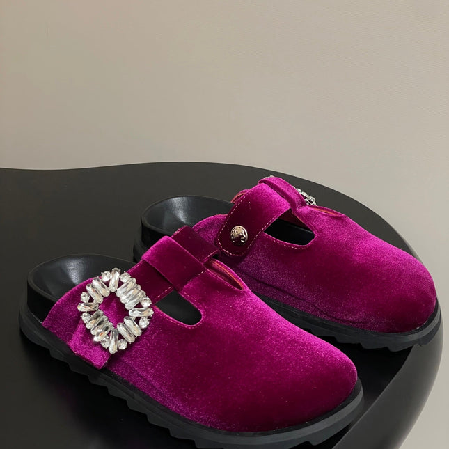 ROGER VIVIER 25S VIV' RANGERS MULES IN DARK MAGENTA VELVET EMBELLISHED CRYSTALS