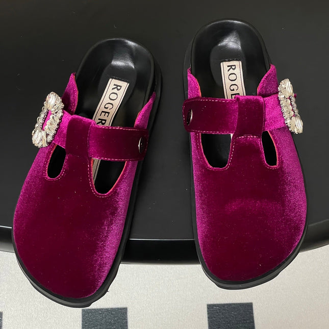 ROGER VIVIER 25S VIV' RANGERS MULES IN DARK MAGENTA VELVET EMBELLISHED CRYSTALS