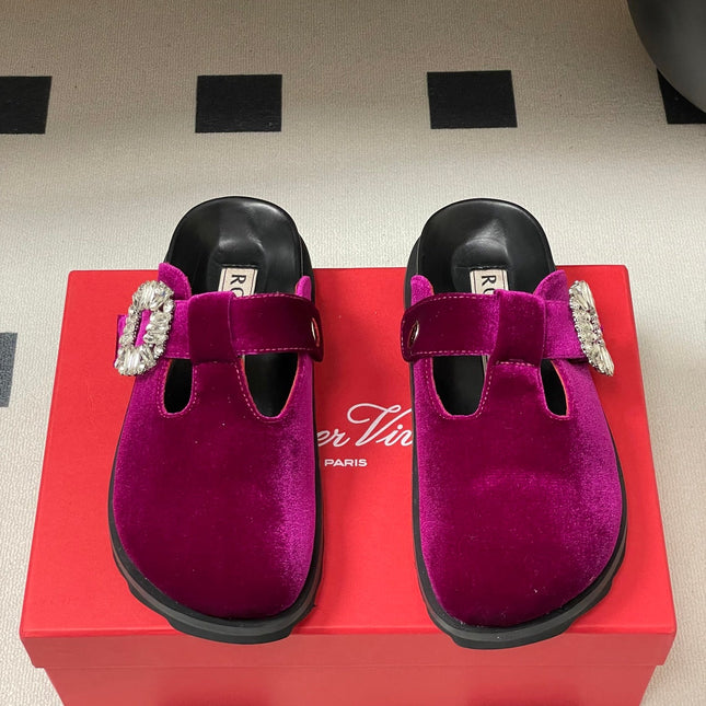 ROGER VIVIER 25S VIV' RANGERS MULES IN DARK MAGENTA VELVET EMBELLISHED CRYSTALS