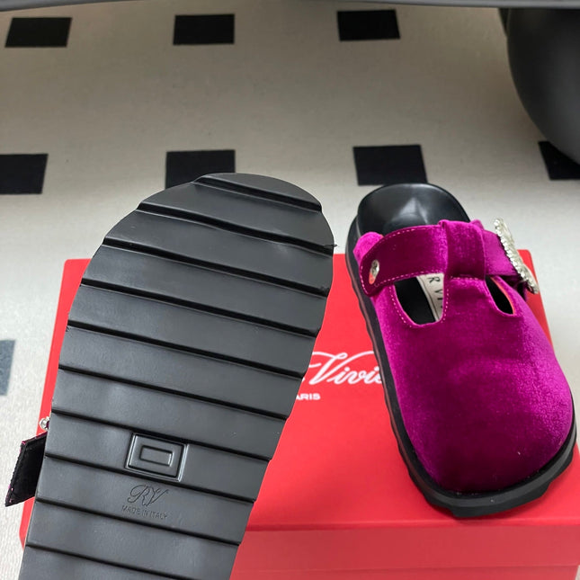 ROGER VIVIER 25S VIV' RANGERS MULES IN DARK MAGENTA VELVET EMBELLISHED CRYSTALS