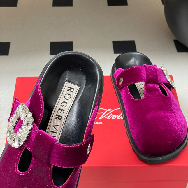 ROGER VIVIER 25S VIV' RANGERS MULES IN DARK MAGENTA VELVET EMBELLISHED CRYSTALS