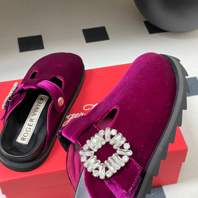ROGER VIVIER 25S VIV' RANGERS MULES IN DARK MAGENTA VELVET EMBELLISHED CRYSTALS