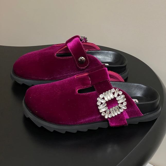 ROGER VIVIER 25S VIV' RANGERS MULES IN DARK MAGENTA VELVET EMBELLISHED CRYSTALS