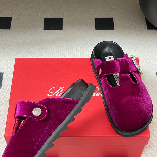 ROGER VIVIER 25S VIV' RANGERS MULES IN DARK MAGENTA VELVET EMBELLISHED CRYSTALS