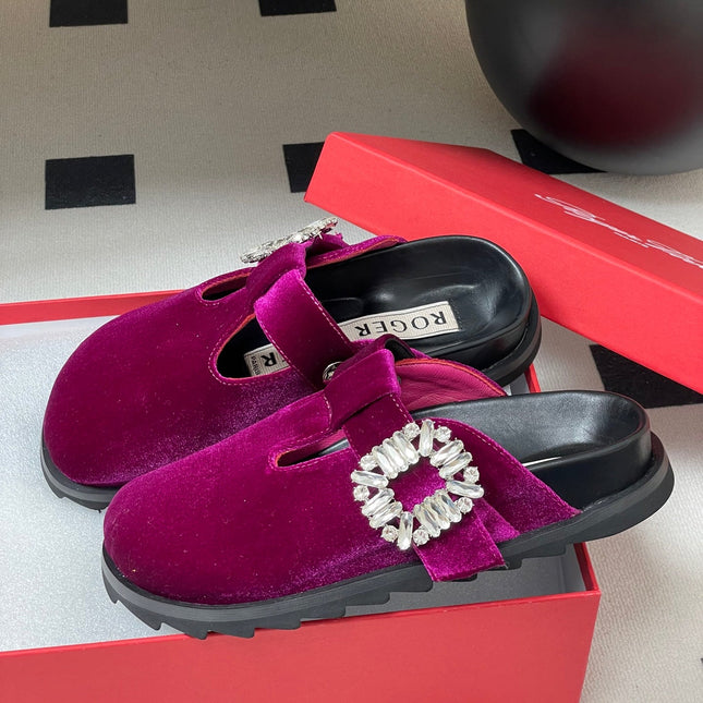 ROGER VIVIER 25S VIV' RANGERS MULES IN DARK MAGENTA VELVET EMBELLISHED CRYSTALS