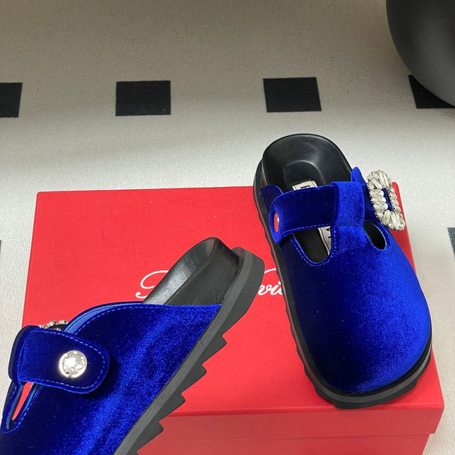 ROGER VIVIER 25S VIV' RANGERS MULES IN DARK BLUE VELVET EMBELLISHED CRYSTALS