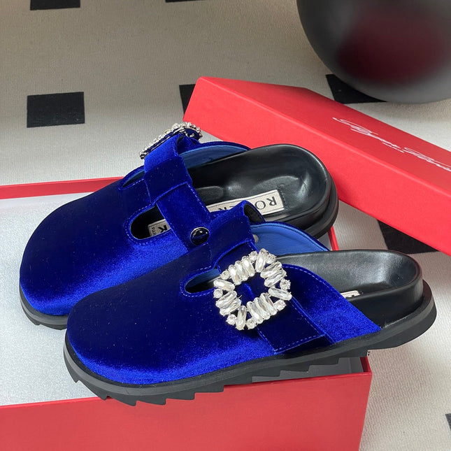 ROGER VIVIER 25S VIV' RANGERS MULES IN DARK BLUE VELVET EMBELLISHED CRYSTALS