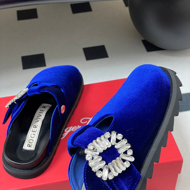 ROGER VIVIER 25S VIV' RANGERS MULES IN DARK BLUE VELVET EMBELLISHED CRYSTALS