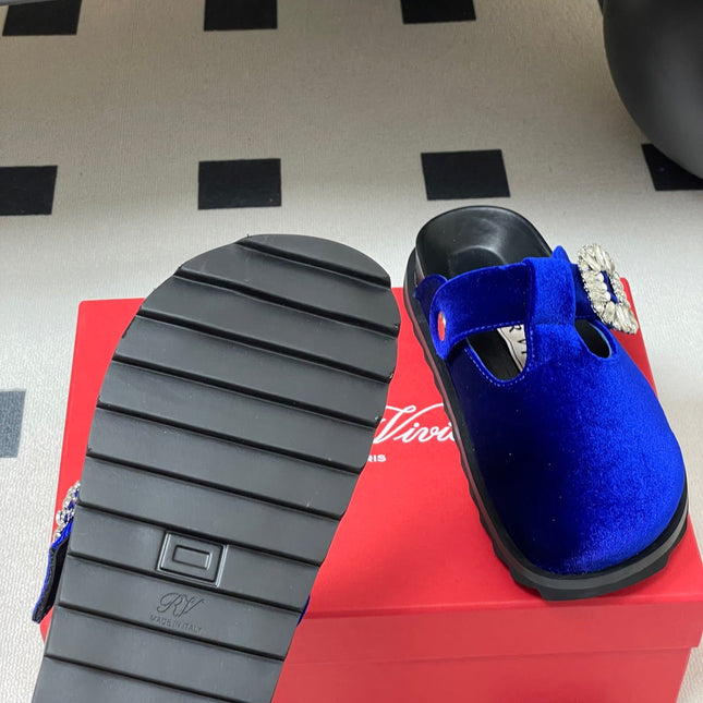 ROGER VIVIER 25S VIV' RANGERS MULES IN DARK BLUE VELVET EMBELLISHED CRYSTALS