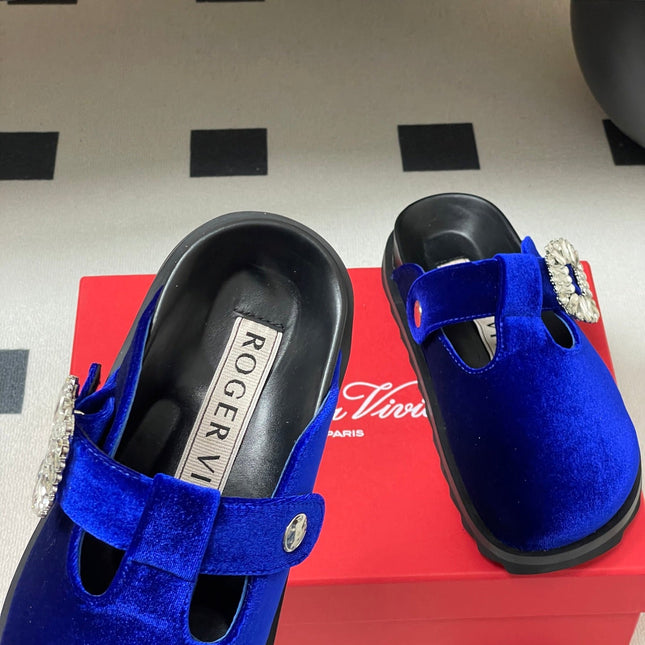 ROGER VIVIER 25S VIV' RANGERS MULES IN DARK BLUE VELVET EMBELLISHED CRYSTALS