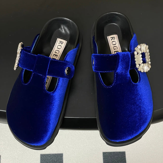 ROGER VIVIER 25S VIV' RANGERS MULES IN DARK BLUE VELVET EMBELLISHED CRYSTALS