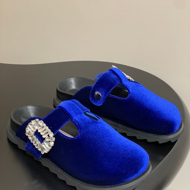 ROGER VIVIER 25S VIV' RANGERS MULES IN DARK BLUE VELVET EMBELLISHED CRYSTALS