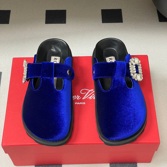 ROGER VIVIER 25S VIV' RANGERS MULES IN DARK BLUE VELVET EMBELLISHED CRYSTALS