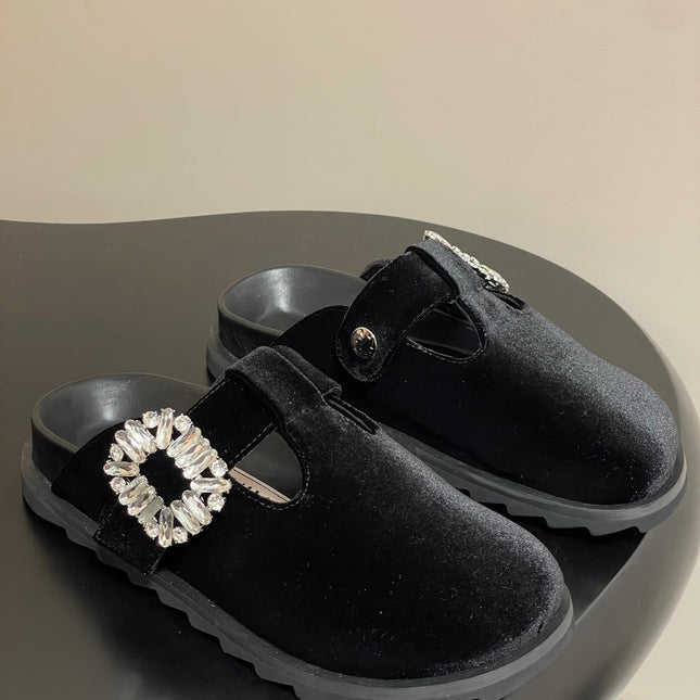 ROGER VIVIER 25S VIV' RANGERS MULES IN BLACK VELVET EMBELLISHED CRYSTALS