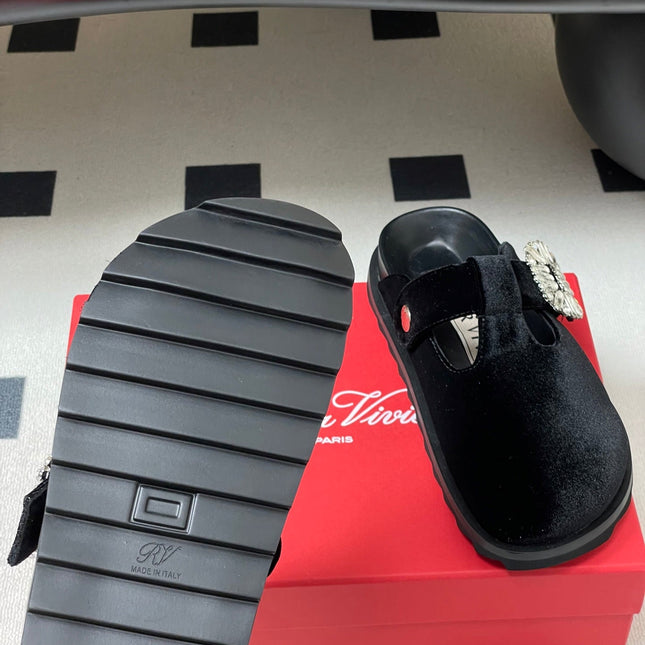 ROGER VIVIER 25S VIV' RANGERS MULES IN BLACK VELVET EMBELLISHED CRYSTALS