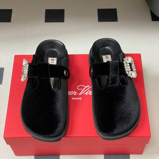 ROGER VIVIER 25S VIV' RANGERS MULES IN BLACK VELVET EMBELLISHED CRYSTALS