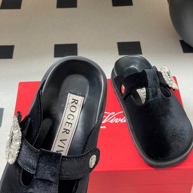 ROGER VIVIER 25S VIV' RANGERS MULES IN BLACK VELVET EMBELLISHED CRYSTALS
