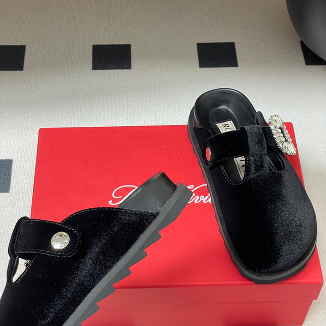 ROGER VIVIER 25S VIV' RANGERS MULES IN BLACK VELVET EMBELLISHED CRYSTALS