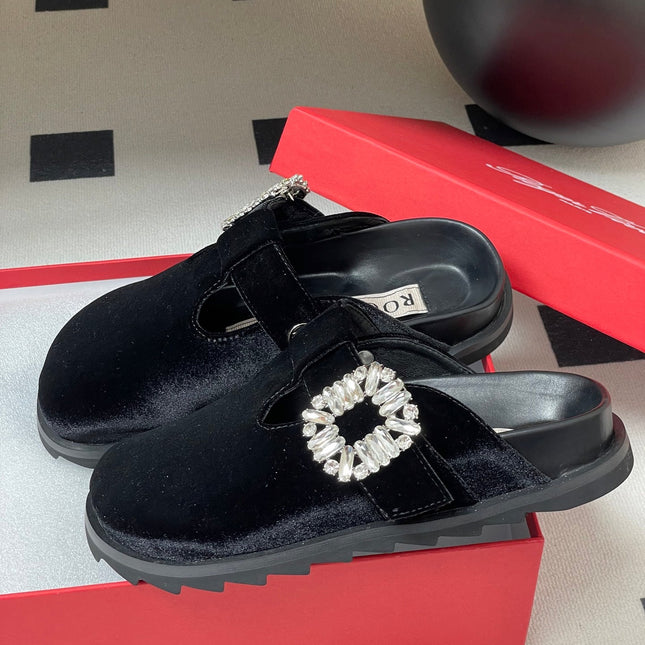 ROGER VIVIER 25S VIV' RANGERS MULES IN BLACK VELVET EMBELLISHED CRYSTALS