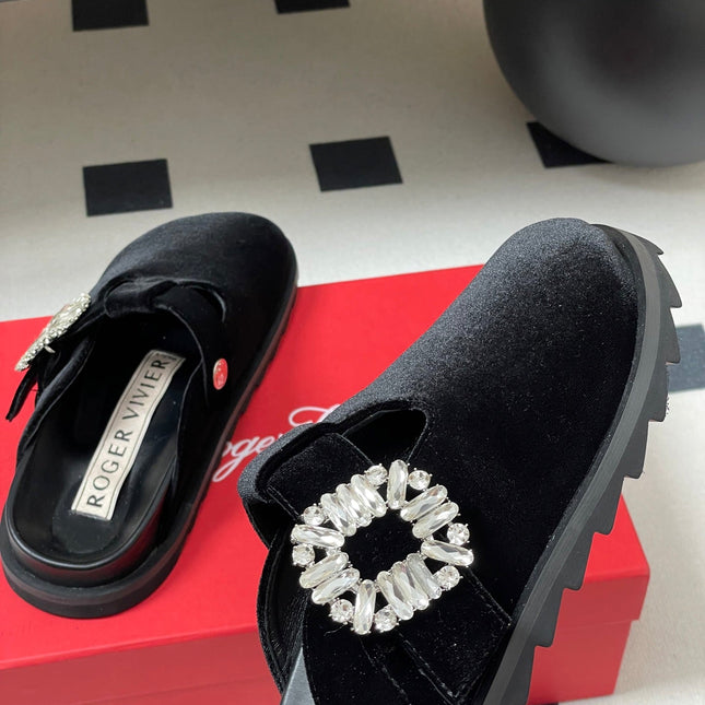 ROGER VIVIER 25S VIV' RANGERS MULES IN BLACK VELVET EMBELLISHED CRYSTALS