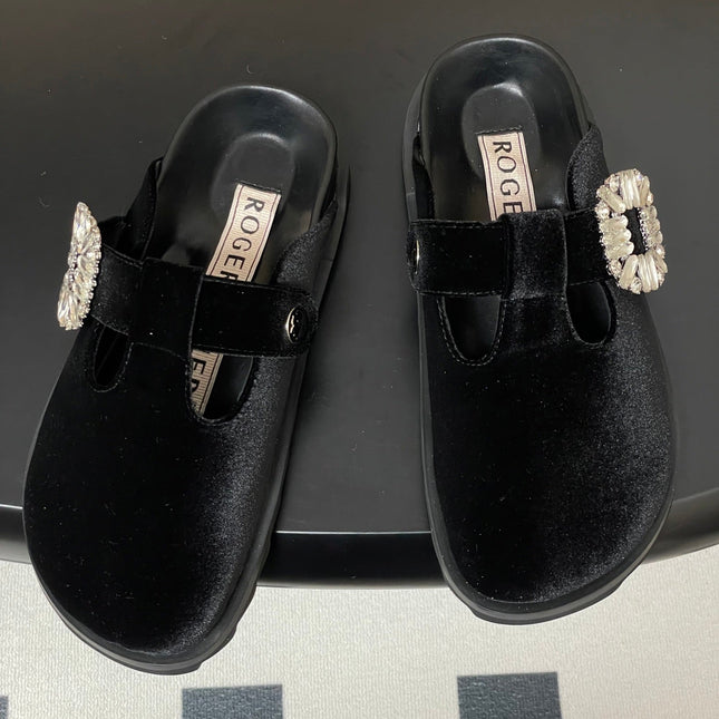 ROGER VIVIER 25S VIV' RANGERS MULES IN BLACK VELVET EMBELLISHED CRYSTALS