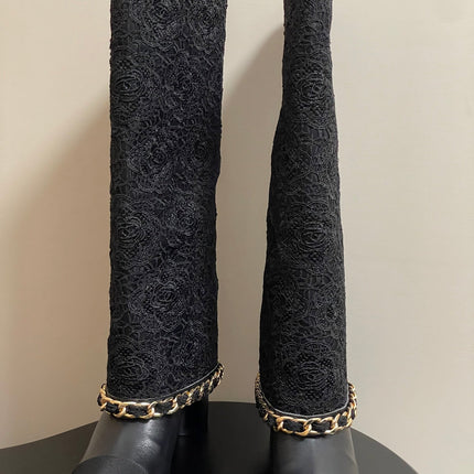 CC FLORAL BOOTS 60MM IN BLACK CALFSKIN WITH GOLD CHAIN