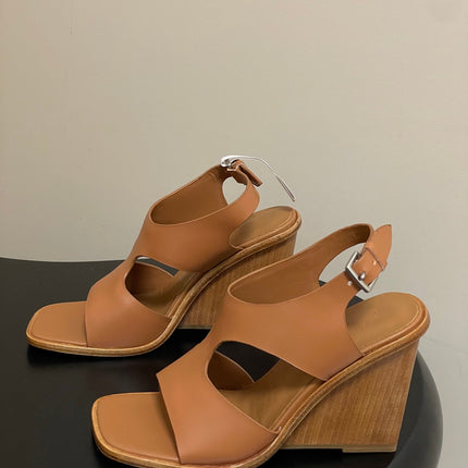 HM 25S KALYA WEDGE SANDAL 100 MM IN BROWN LAMBSKIN