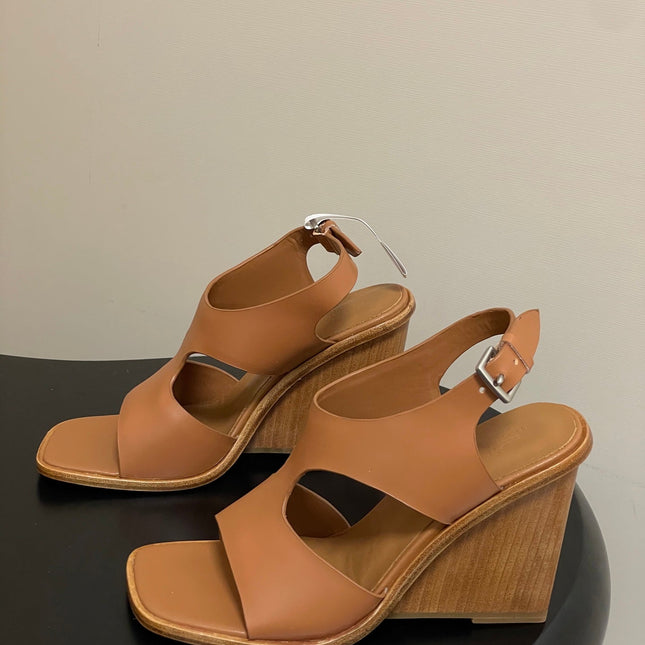 HM 25S KALYA WEDGE SANDAL 100 MM IN BROWN LAMBSKIN