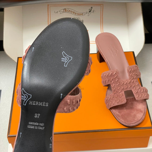 HM 25S ORAN HIGH‑HEEL SANDAL IN PEACHY PINK SUEDE AND LAMBSKIN