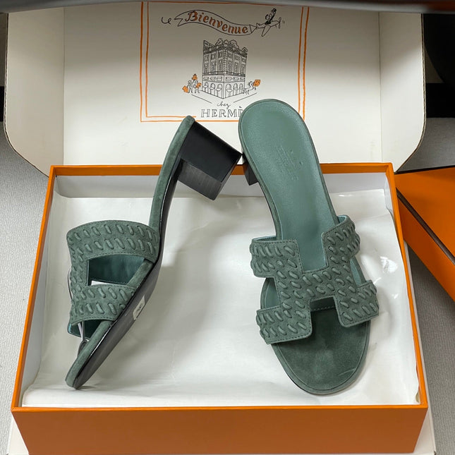 HM 25S ORAN HIGH‑HEEL SANDAL IN MUTED MINT GREEN SUEDE AND LAMBSKIN