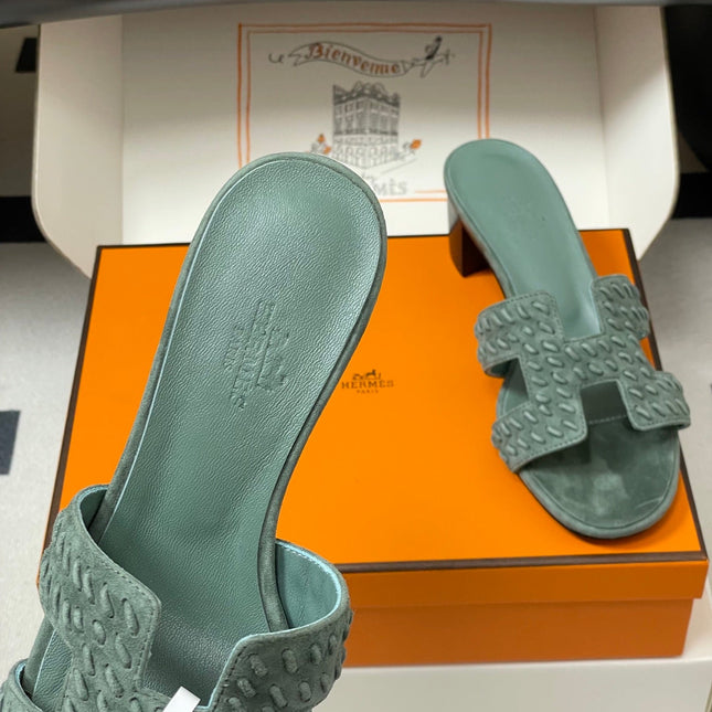 HM 25S ORAN HIGH‑HEEL SANDAL IN MUTED MINT GREEN SUEDE AND LAMBSKIN