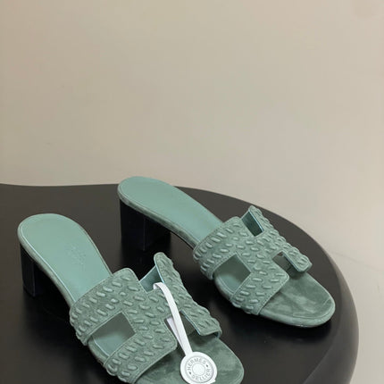 HM 25S ORAN HIGH‑HEEL SANDAL IN MUTED MINT GREEN SUEDE AND LAMBSKIN