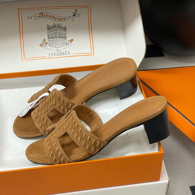 HM 25S ORAN HIGH‑HEEL SANDAL IN LIGHT BROWN SUEDE AND LAMBSKIN