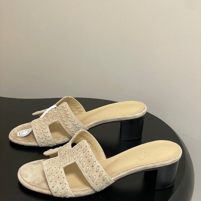 HM 25S ORAN HIGH‑HEEL SANDAL IN BEIGE SUEDE AND LAMBSKIN