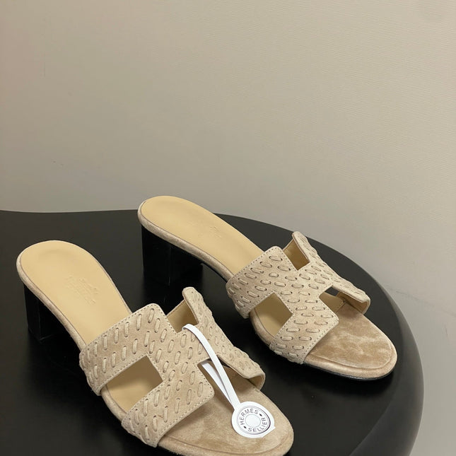 HM 25S ORAN HIGH‑HEEL SANDAL IN BEIGE SUEDE AND LAMBSKIN