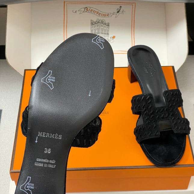 HM 25S ORAN HIGH‑HEEL SANDAL IN BLACK SUEDE AND LAMBSKIN