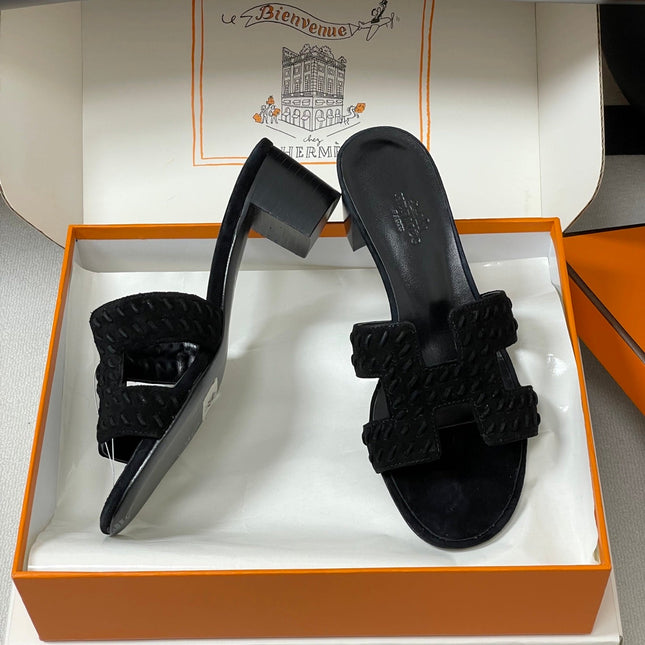 HM 25S ORAN HIGH‑HEEL SANDAL IN BLACK SUEDE AND LAMBSKIN