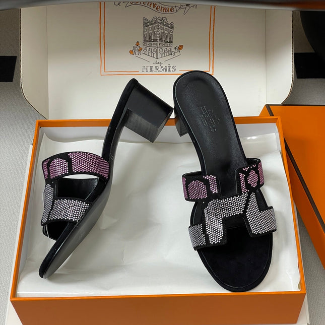HM 25S ORAN HIGH‑HEEL SANDAL 50 MM IN BLACK LAMBSKIN WITH WHITE MIX PINK STONE DETAILS