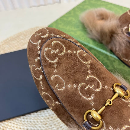 HORSEBIT MULE IN COCOA BROWN MONOGRAM VELVET AND LAMB WOOL LINING