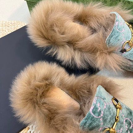 HORSEBIT MULE IN TURQUOISE MONOGRAM VELVET AND LAMB WOOL LINING