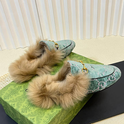 HORSEBIT MULE IN TURQUOISE MONOGRAM VELVET AND LAMB WOOL LINING