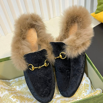 HORSEBIT MULE IN BLACK MONOGRAM VELVET AND LAMB WOOL LINING