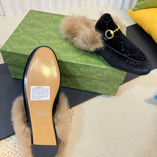 HORSEBIT MULE IN BLACK MONOGRAM VELVET AND LAMB WOOL LINING